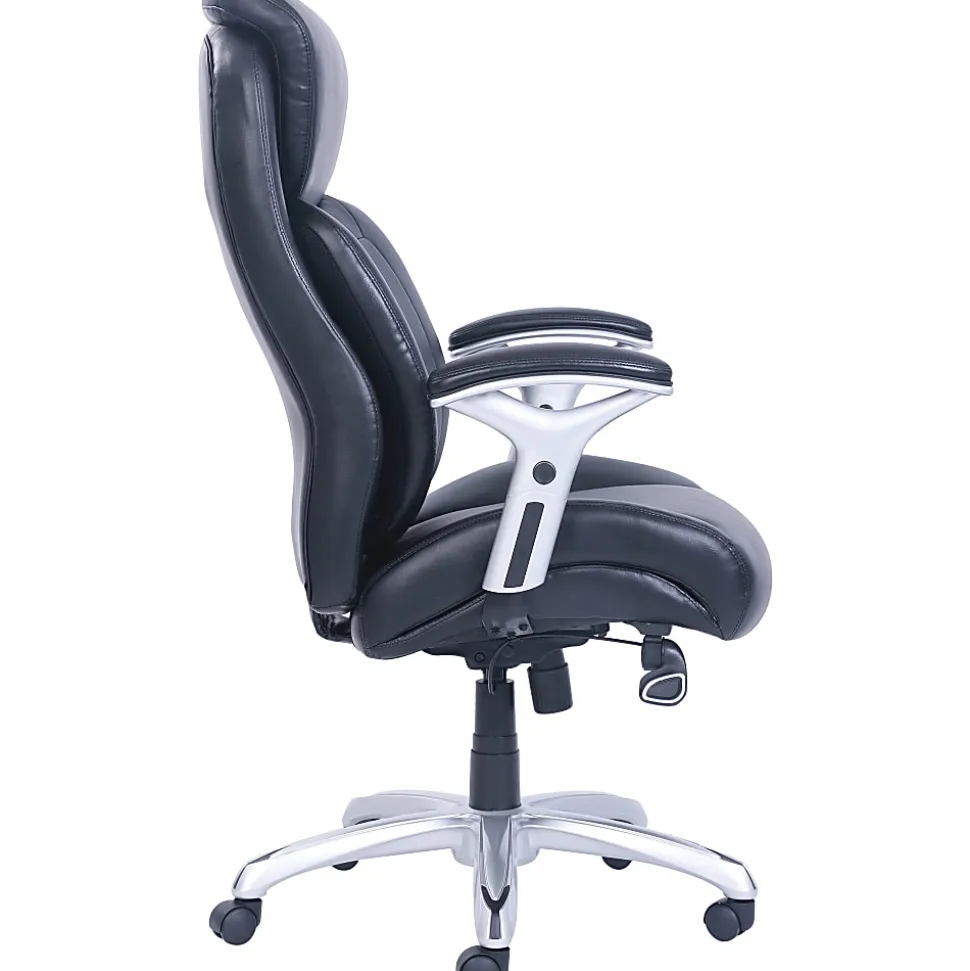 Lorell® Big & Tall Bonded Leather Executive Chair With Flexible Air Technology, T Arms, Black/Silver