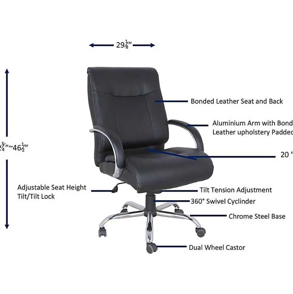 Lorell® Big & Tall Deluxe Faux Leather Mid-Back Chair, Black