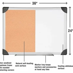 Lorell® Dry-Erase Cork Combo Board, 36" x 24", Aluminum Frame With Silver Finish