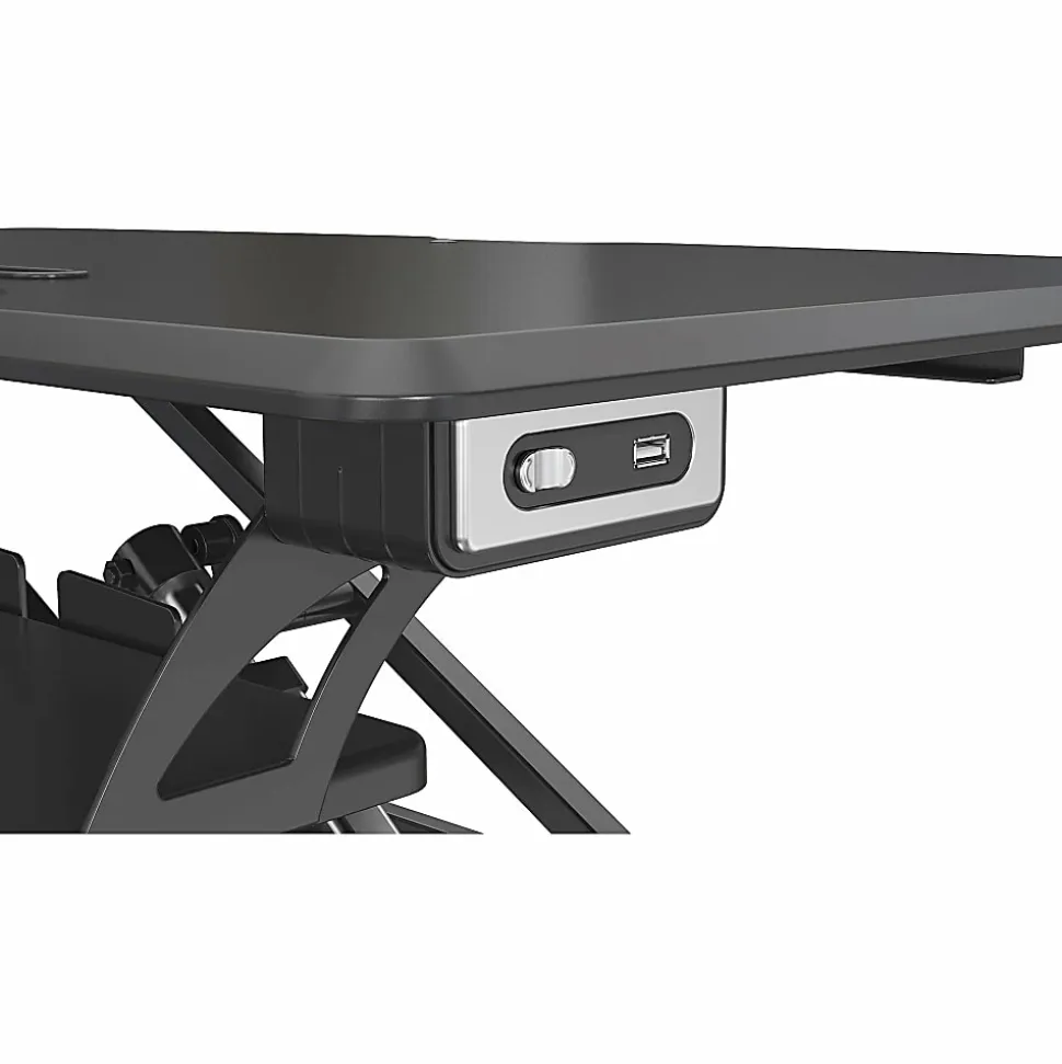 Lorell® Electric Monitor Desk Riser With Wireless Charging Pad, 20"H x 33-1/2"W x 19-1/3"D, Black