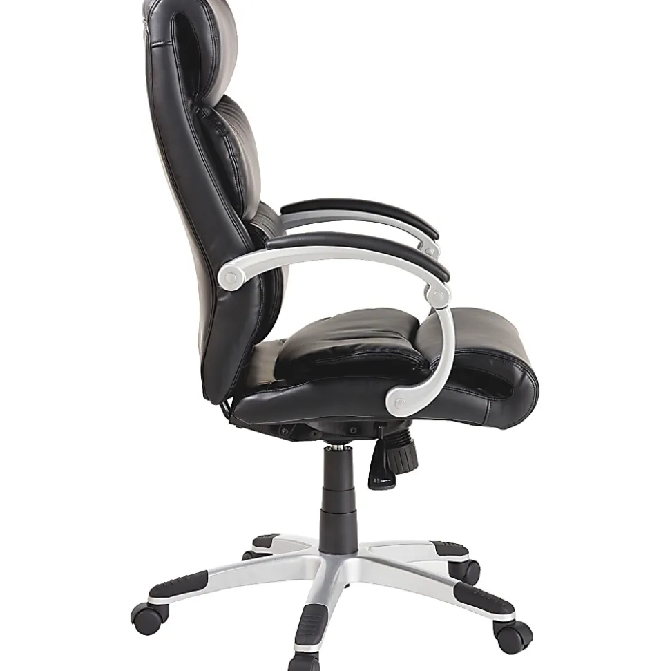 Lorell® Ergonomic Bonded Leather High-Back Chair With Flex Arms, Black/Silver