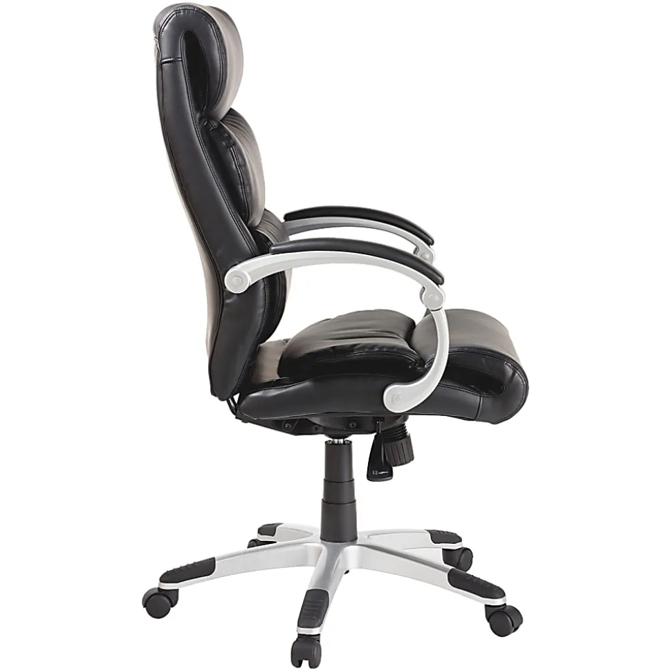 Lorell® Ergonomic Bonded Leather High-Back Chair With Flex Arms, Black/Silver