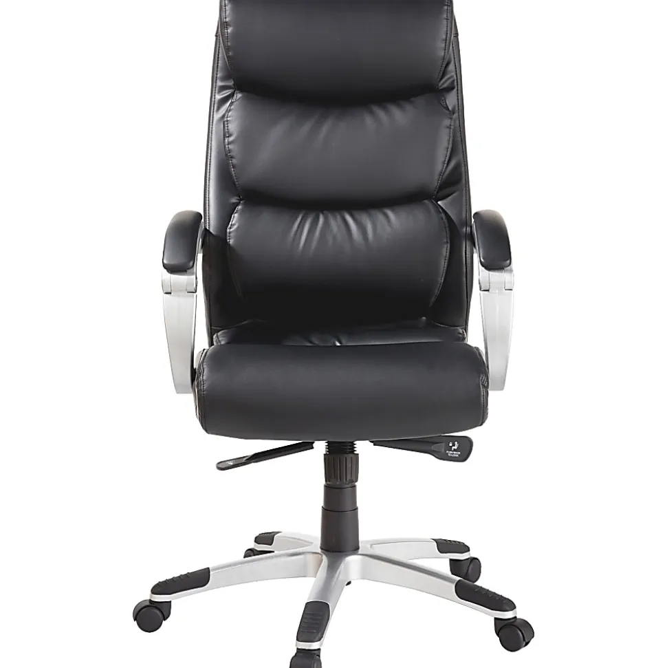 Lorell® Ergonomic Bonded Leather High-Back Chair With Flex Arms, Black/Silver