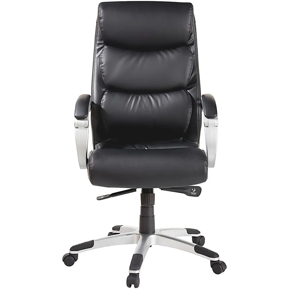 Lorell® Ergonomic Bonded Leather High-Back Chair With Flex Arms, Black/Silver