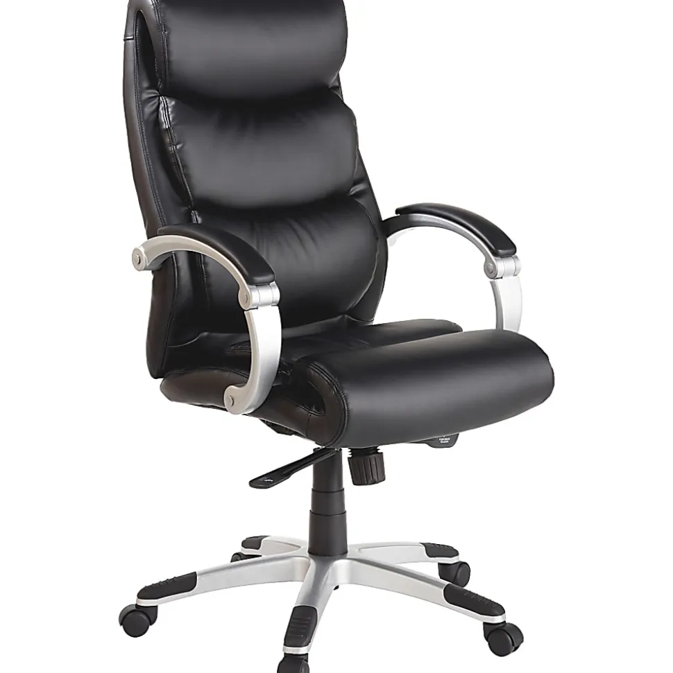 Lorell® Ergonomic Bonded Leather High-Back Chair With Flex Arms, Black/Silver