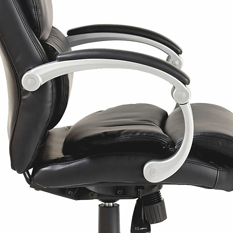 Lorell® Ergonomic Bonded Leather High-Back Chair With Flex Arms, Black/Silver
