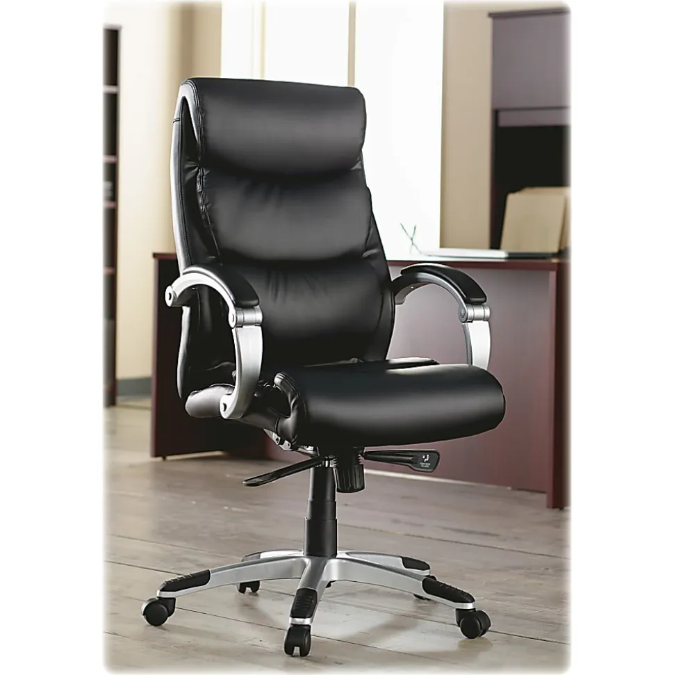 Lorell® Ergonomic Bonded Leather High-Back Chair With Flex Arms, Black/Silver