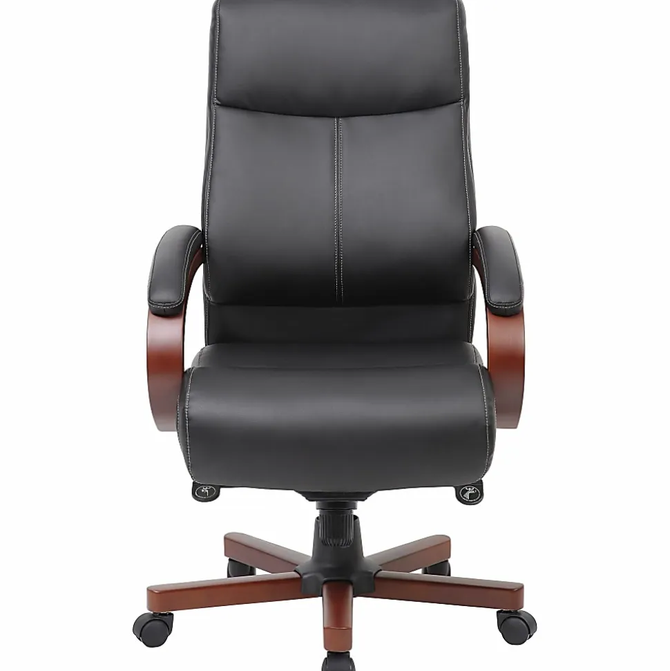 Lorell® Executive Ergonomic Bonded Leather/Wood Chair, Black/Mahogany