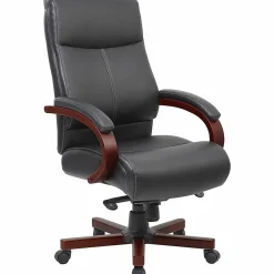 Lorell® Executive Ergonomic Bonded Leather/Wood Chair, Black/Mahogany