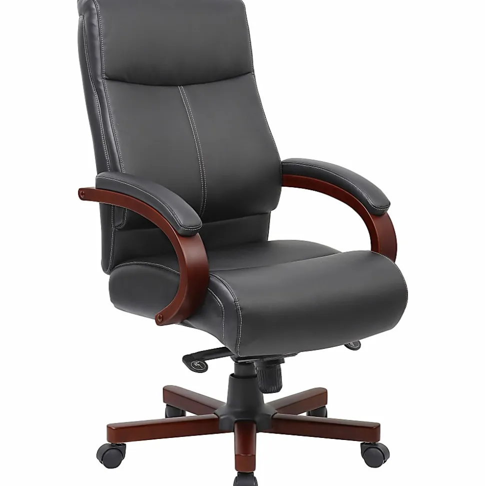 Lorell® Executive Ergonomic Bonded Leather/Wood Chair, Black/Mahogany
