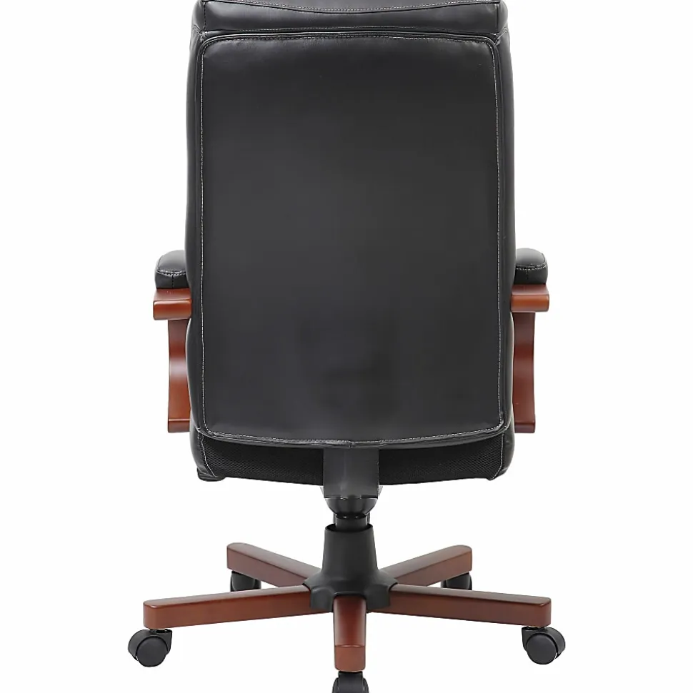 Lorell® Executive Ergonomic Bonded Leather/Wood Chair, Black/Mahogany