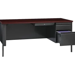 LorellĀ® Fortress Series Steel Right-Handed Pedestal Writing Desk, 66"W, Charcoal/Mahogany