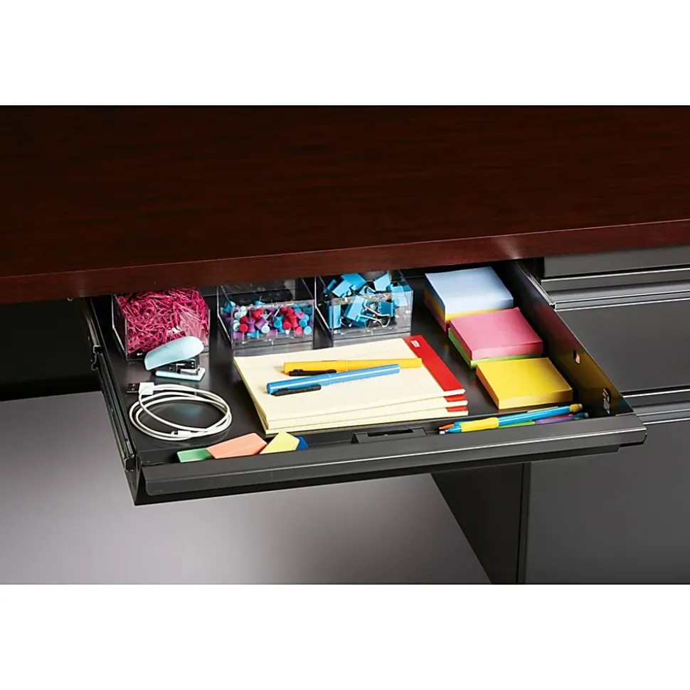 Lorell® Fortress Series 48"W Steel Pedestal Writing Desk, Right-Handed, Charcoal/Mahogany