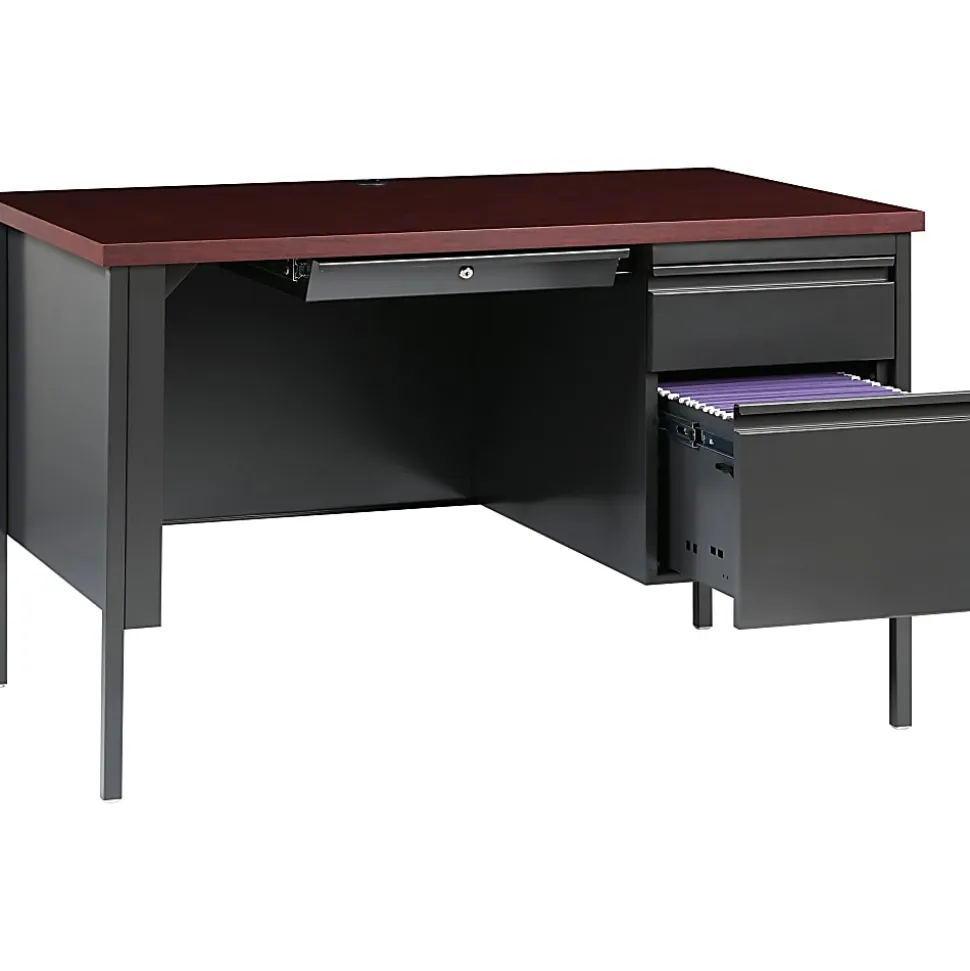 Lorell® Fortress Series 48"W Steel Pedestal Writing Desk, Right-Handed, Charcoal/Mahogany