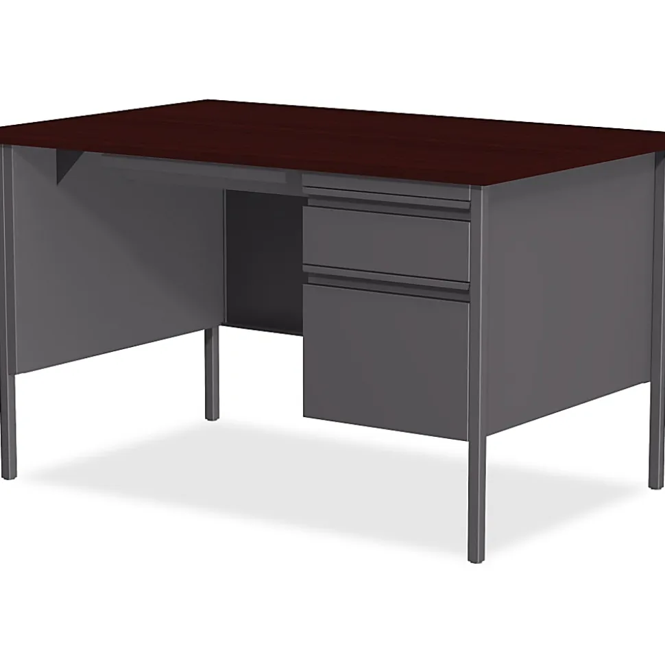 Lorell® Fortress Series 48"W Steel Pedestal Writing Desk, Right-Handed, Charcoal/Mahogany