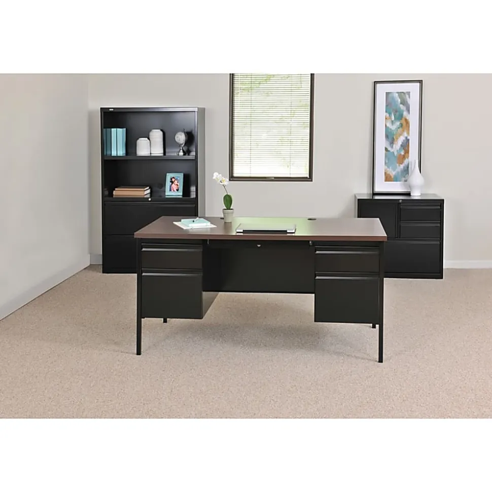 Lorell® Fortress Series 60"W Steel Double Pedestal Writing Desk, Black /Walnut