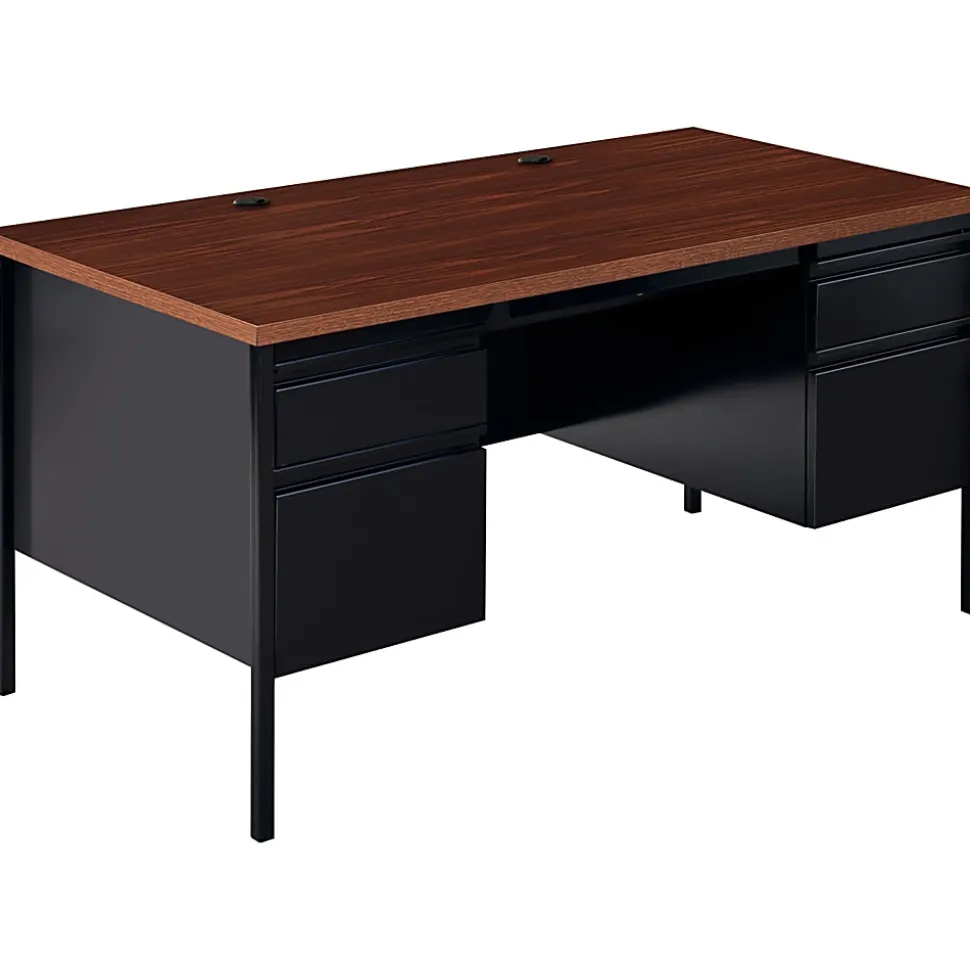 Lorell® Fortress Series 60"W Steel Double Pedestal Writing Desk, Black /Walnut
