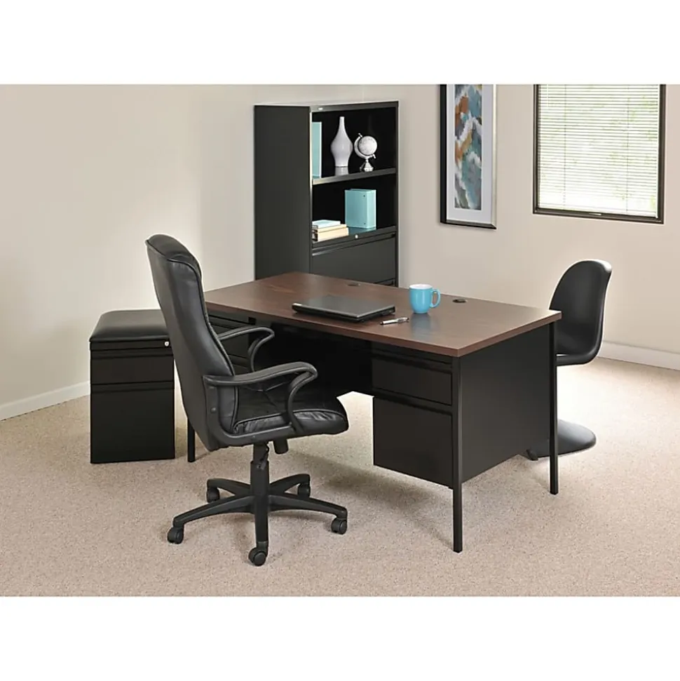 Lorell® Fortress Series 60"W Steel Double Pedestal Writing Desk, Black /Walnut