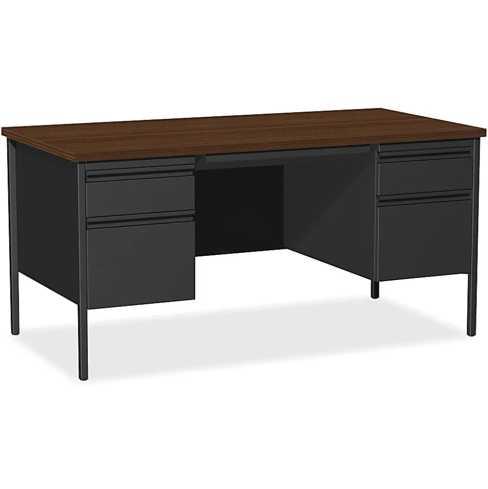 Lorell® Fortress Series 60"W Steel Double Pedestal Writing Desk, Black /Walnut