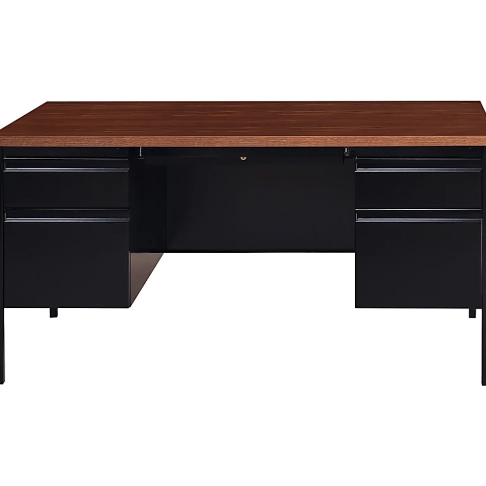 Lorell® Fortress Series 60"W Steel Double Pedestal Writing Desk, Black /Walnut