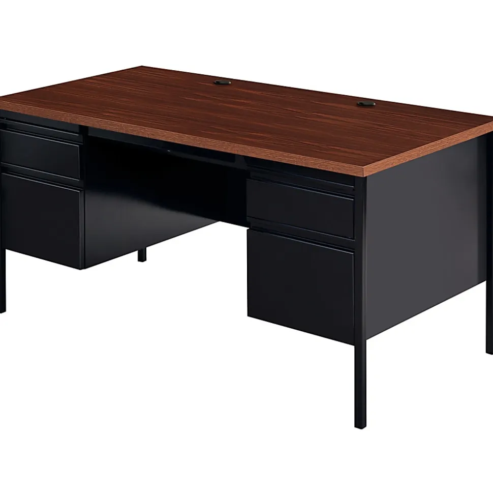 Lorell® Fortress Series 60"W Steel Double Pedestal Writing Desk, Black /Walnut