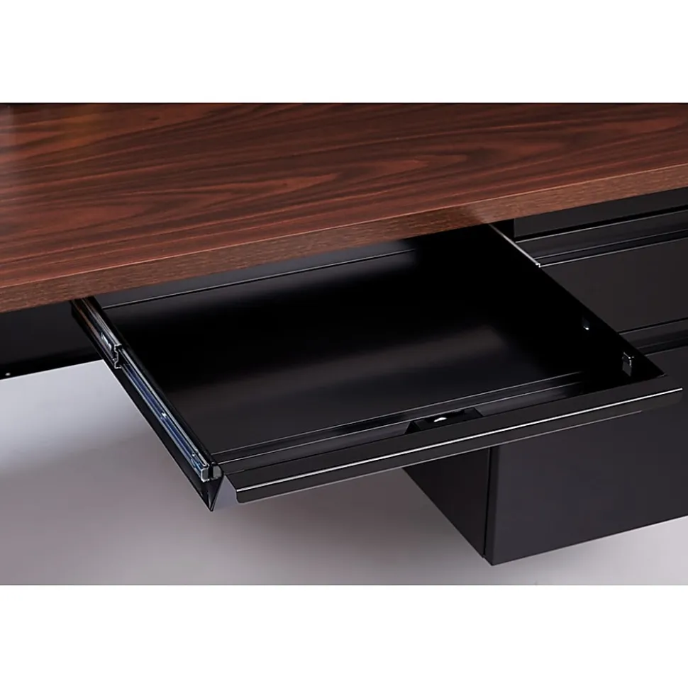 Lorell® Fortress Series 60"W Steel Double Pedestal Writing Desk, Black /Walnut