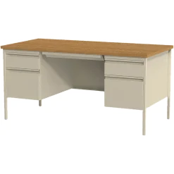 LorellĀ® Fortress Series 60"W Steel Double Pedestal Writing Desk, Putty/Oak