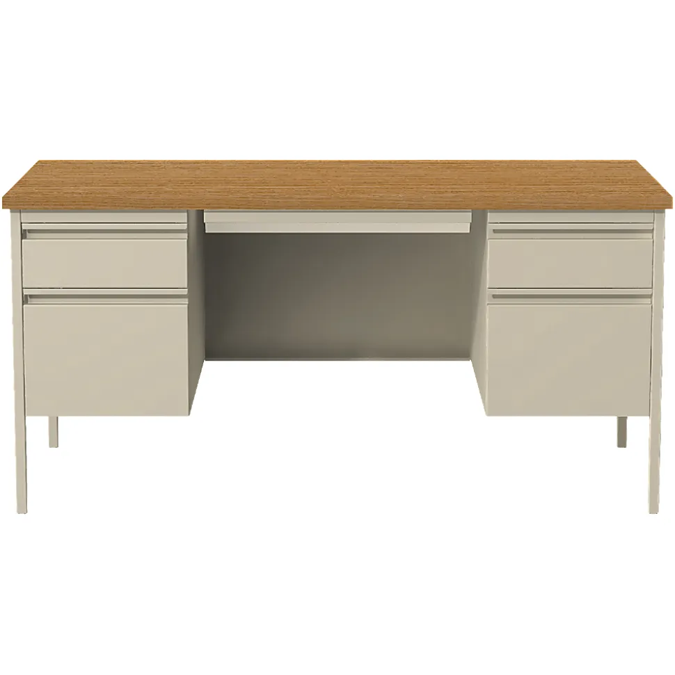 Lorell® Fortress Series 60"W Steel Double Pedestal Writing Desk, Putty/Oak