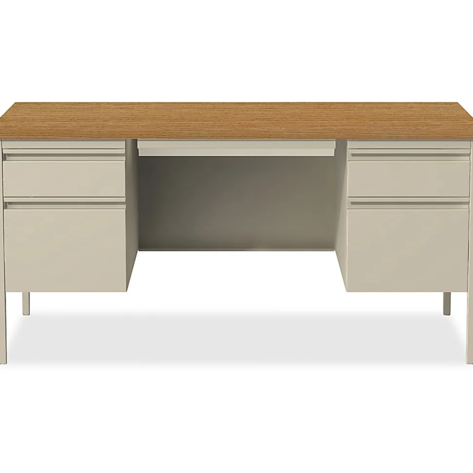 Lorell® Fortress Series 60"W Steel Double Pedestal Writing Desk, Putty/Oak