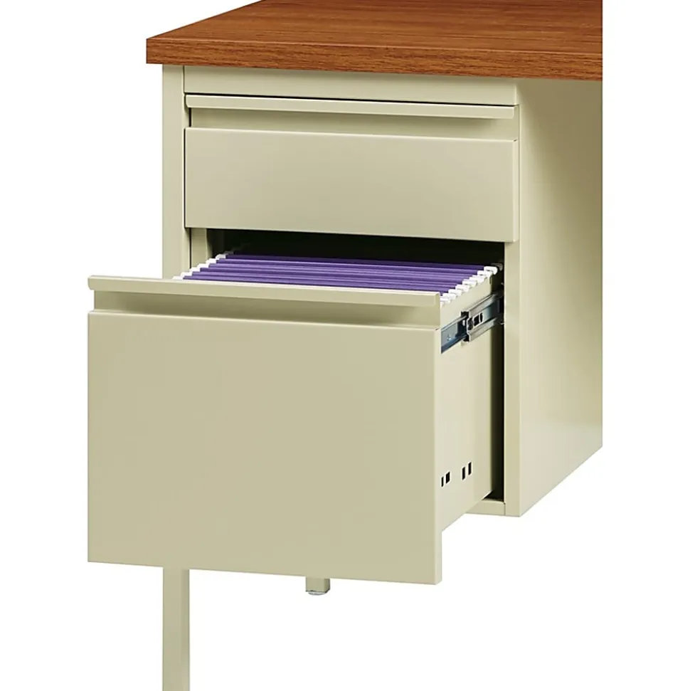 Lorell® Fortress Series 60"W Steel Double Pedestal Writing Desk, Putty/Oak
