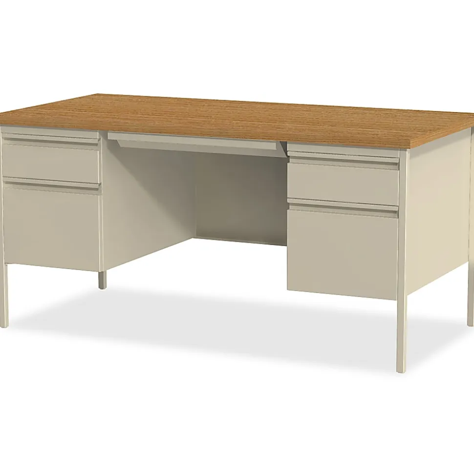 Lorell® Fortress Series 60"W Steel Double Pedestal Writing Desk, Putty/Oak