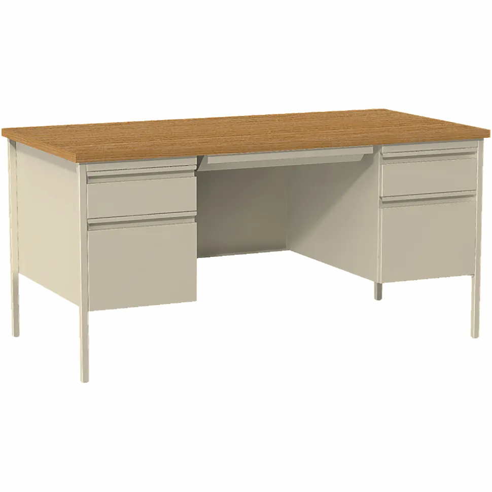 Lorell® Fortress Series 60"W Steel Double Pedestal Writing Desk, Putty/Oak
