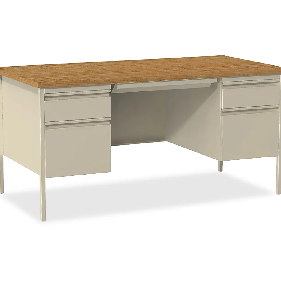 Lorell® Fortress Series 60"W Steel Double Pedestal Writing Desk, Putty/Oak