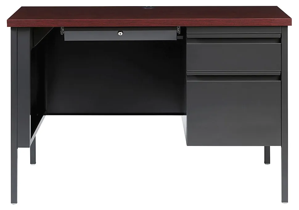 Lorell® Fortress Steel Right-Pedestal Teacher's Computer Desk, Charcoal/Mahogany