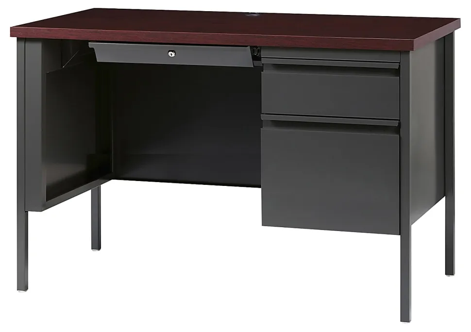 Lorell® Fortress Steel Right-Pedestal Teacher's Computer Desk, Charcoal/Mahogany