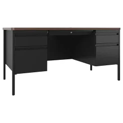 Lorell™ Fortress Steel 60"W Double-Pedestal Teacher's Computer Desk, Black/Walnut