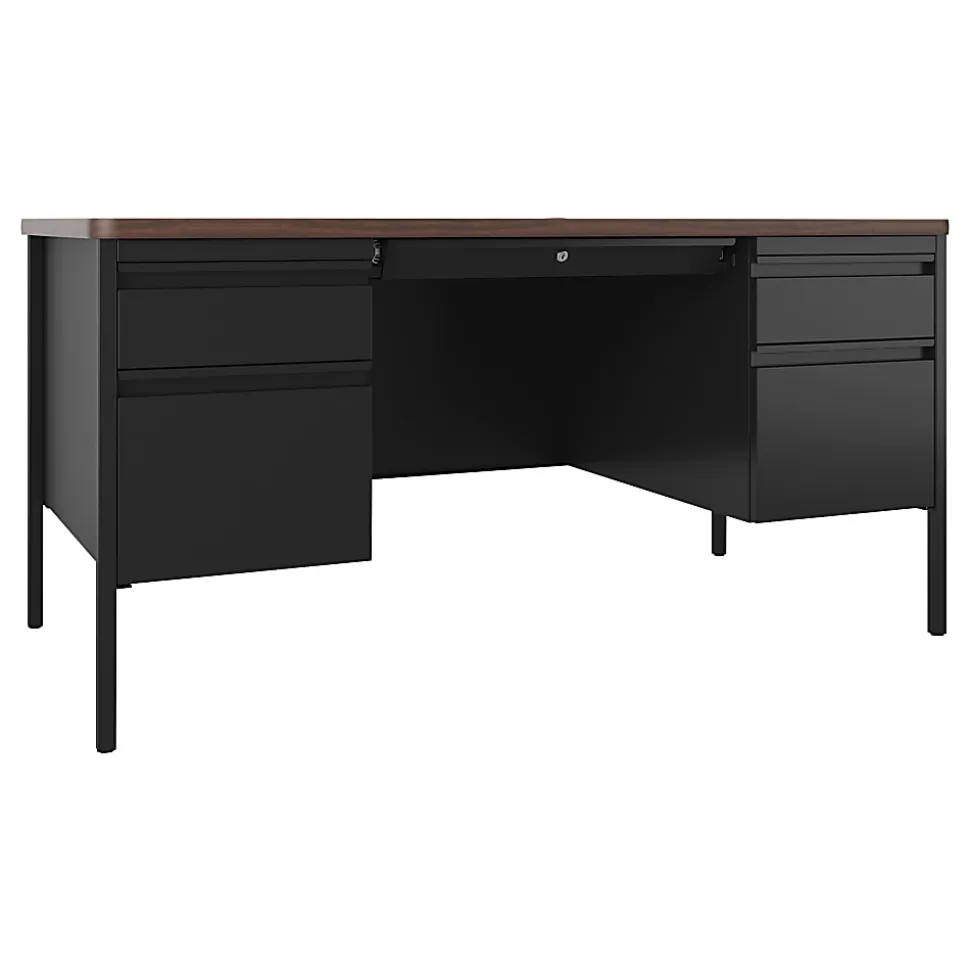 Lorell™ Fortress Steel 60"W Double-Pedestal Teacher's Computer Desk, Black/Walnut