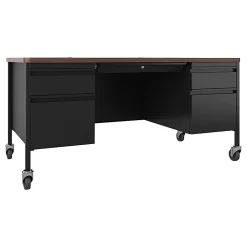 LorellĀ® Fortress 60"W Double-Pedestal Mobile Teacher's Computer Desk, Black/Walnut