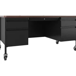 Lorell® Fortress 60"W Double-Pedestal Mobile Teacher's Computer Desk, Black/Walnut