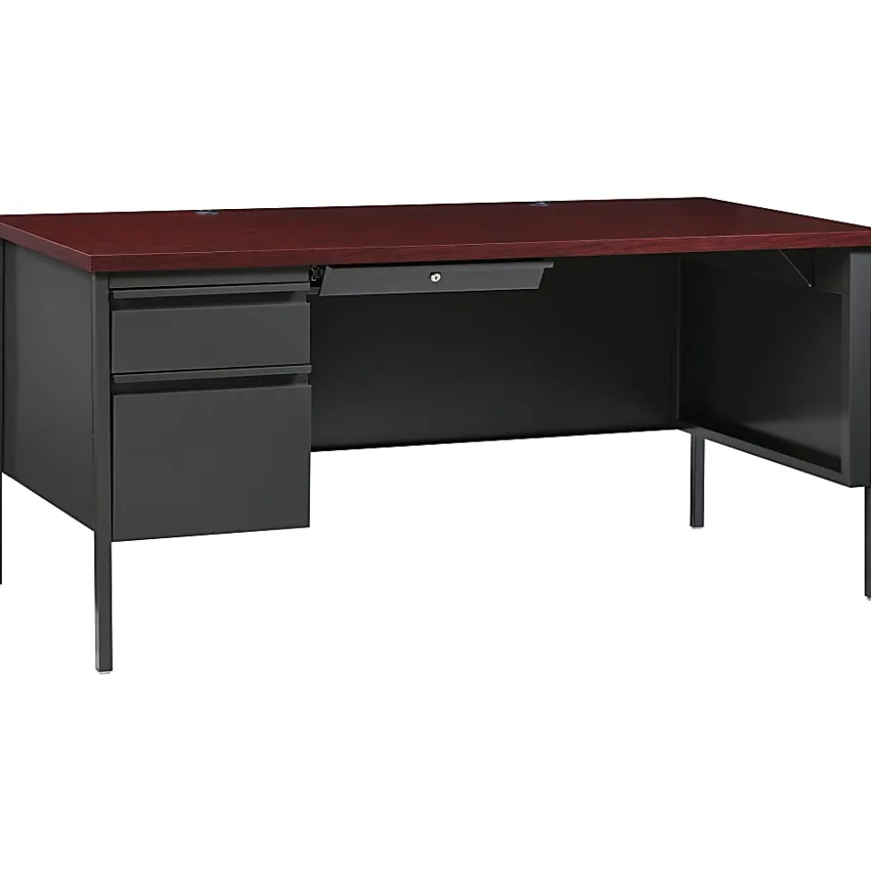 Lorell® Fortress 66"W Steel Pedestal Computer Desk, Left-Hand, Charcoal/Mahogany