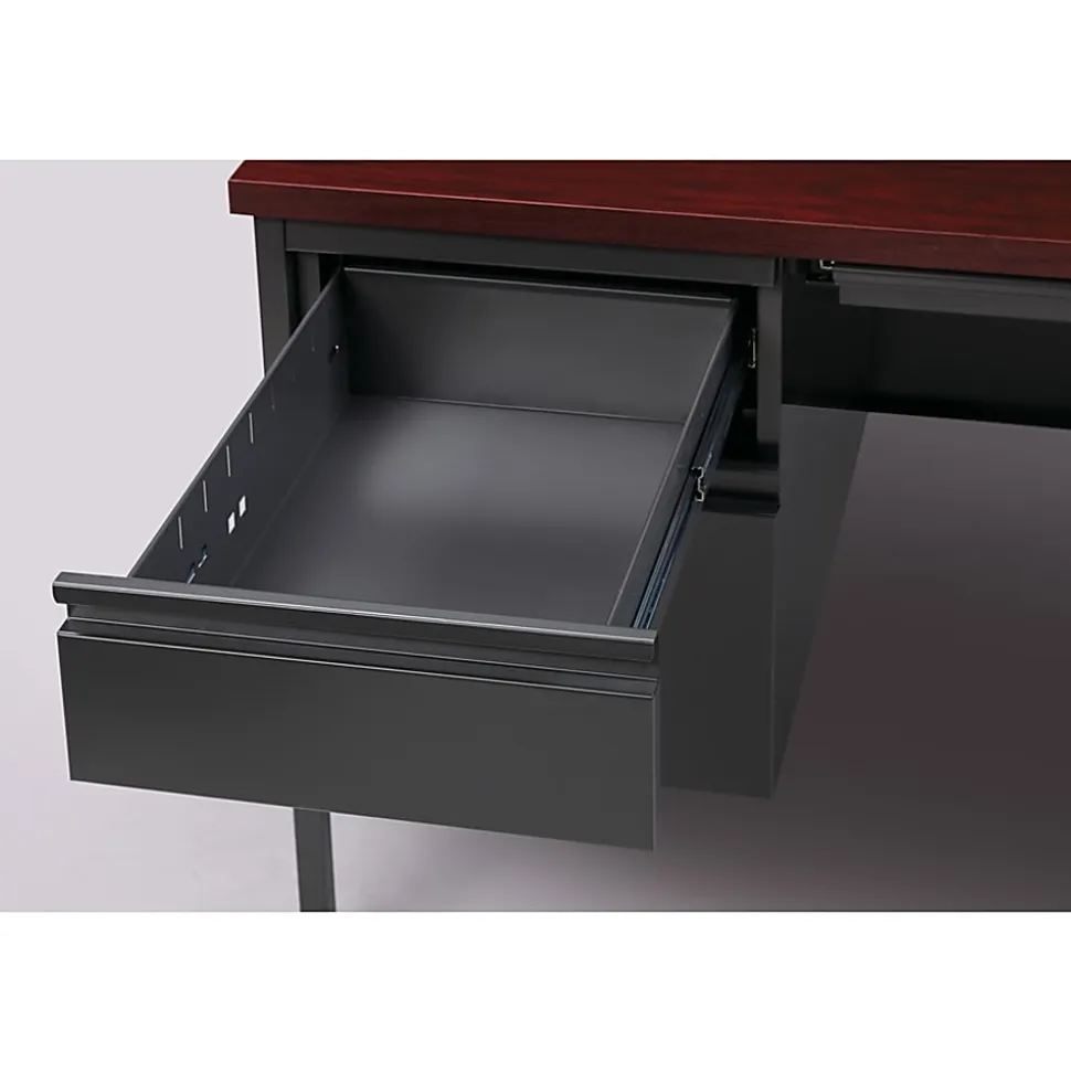 Lorell® Fortress 66"W Steel Pedestal Computer Desk, Left-Hand, Charcoal/Mahogany
