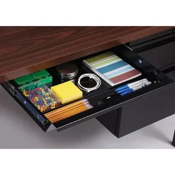 LorellĀ® Fortress 66"W Steel Pedestal Computer Desk, Left, Black/Walnut