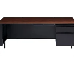 Lorell® Fortress 66"W Steel Pedestal Computer Desk, Right, Black/Walnut