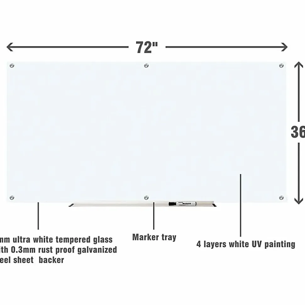 Lorell® Glass Unframed Dry-Erase Whiteboard, 36" x 72", White