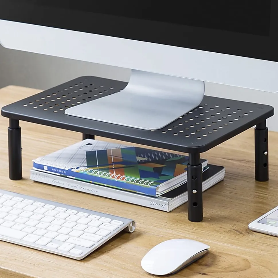 Lorell Height-Adjustable Device Stand, 44 lb Load Capacity, 5.50"H x 9.25"W x 14.50"D, Desktop, Steel, Black