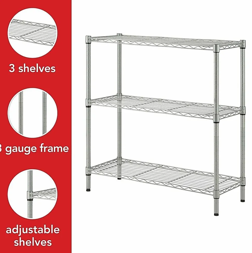 Lorell Light-Duty Wire Shelving, 3 Tier(s), 36"H x 36"W x 14"DFloor, Sturdy, Epoxy, Silver, Plastic, Metal, Steel