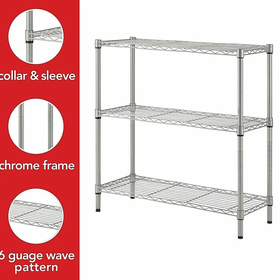 Lorell Light-Duty Wire Shelving, 3 Tier(s), 36"H x 36"W x 14"DFloor, Sturdy, Epoxy, Silver, Plastic, Metal, Steel