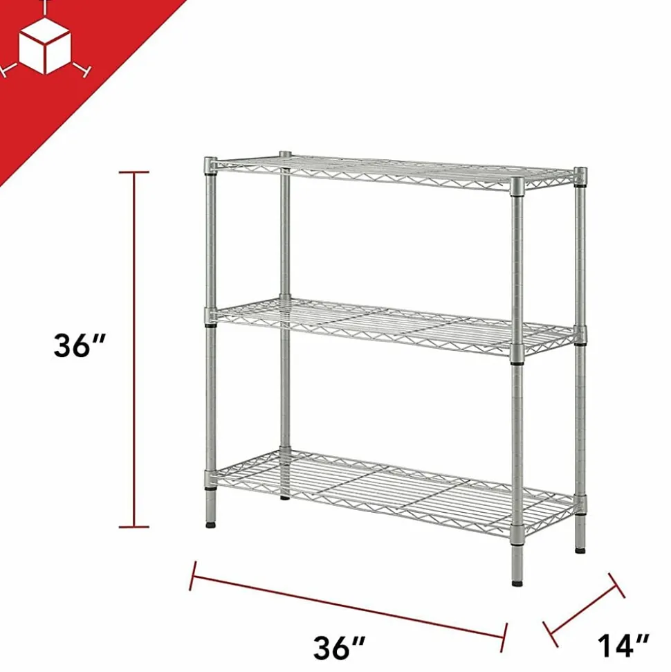 Lorell Light-Duty Wire Shelving, 3 Tier(s), 36"H x 36"W x 14"DFloor, Sturdy, Epoxy, Silver, Plastic, Metal, Steel