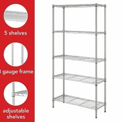 Lorell Light-Duty Wire Shelving, 5 Tier(s), 72"H x 36"W x 14"D, Floor, Epoxy, Silver, Plastic, Metal, Steel