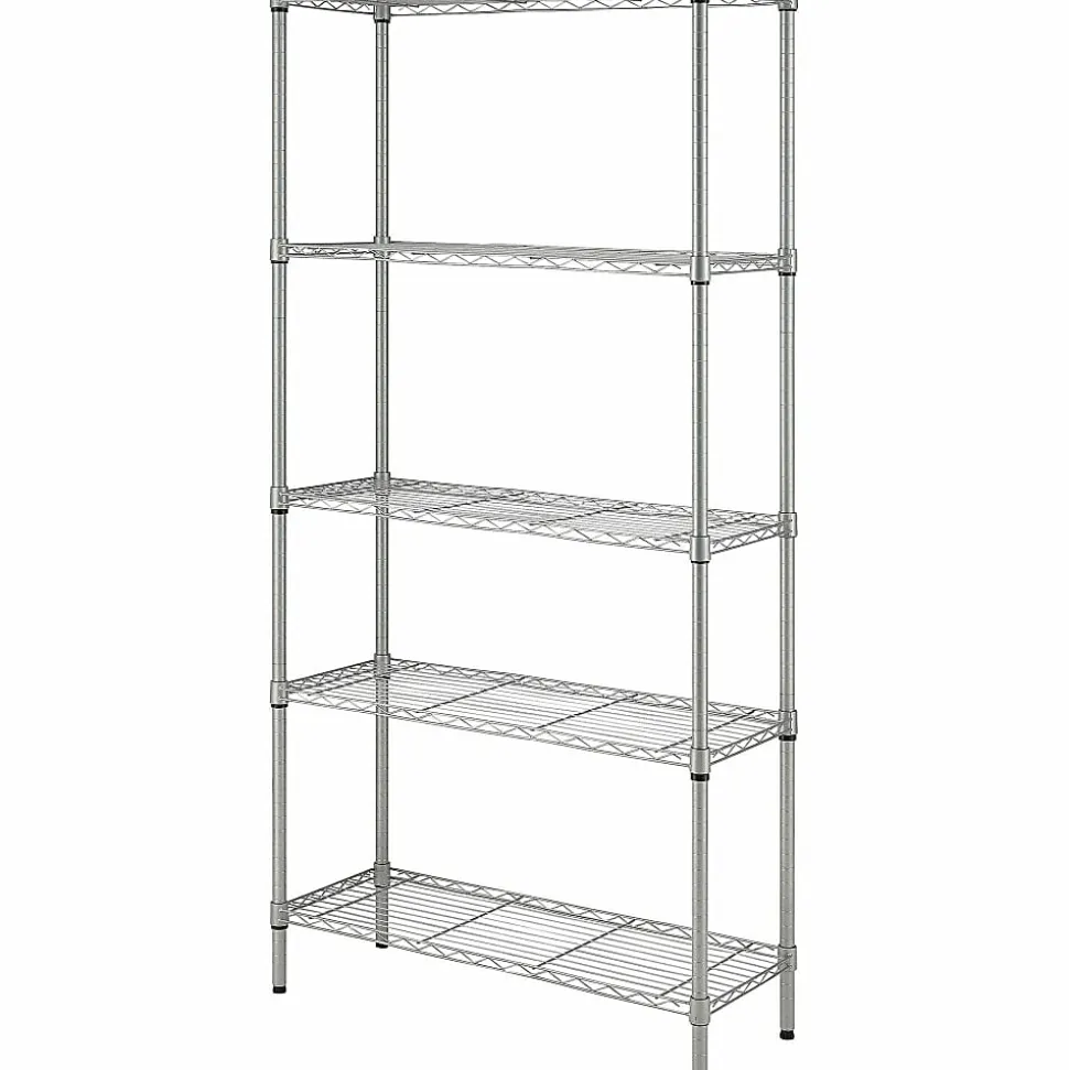 Lorell Light-Duty Wire Shelving, 5 Tier(s), 72"H x 36"W x 14"D, Floor, Epoxy, Silver, Plastic, Metal, Steel
